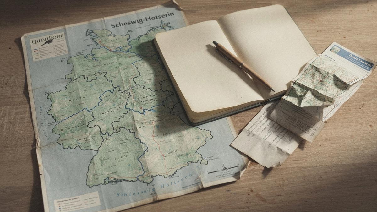 Deutschlandkarte mit markierten Regionen, daneben Reiseunterlagen und ein Notizbuch auf einem Holztisch